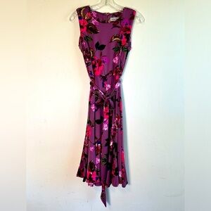Purple Multi Color Floral Midi Dress with Matching Tie Belt. Sz S